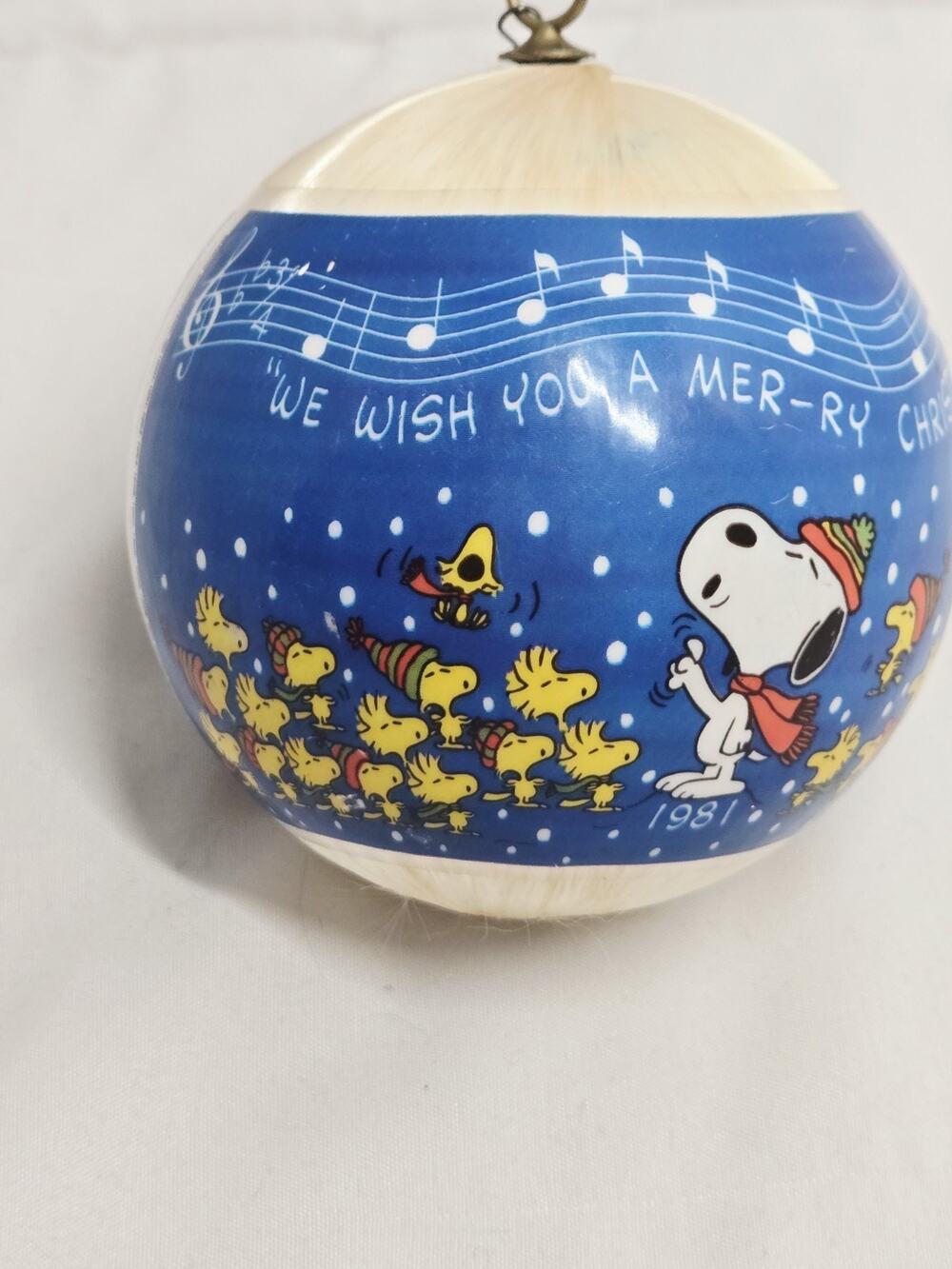 1981 Peanuts Snoopy Woodstock Satin Ball Christmas Ornament 80' Joy Vtg Holiday